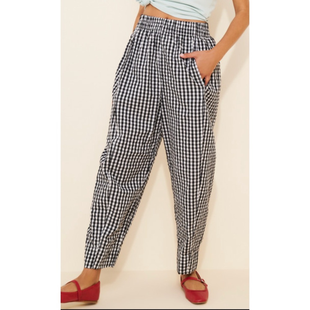 Free People Preppy Poplin Gingham Pants Women Medium Black White Check Tapered